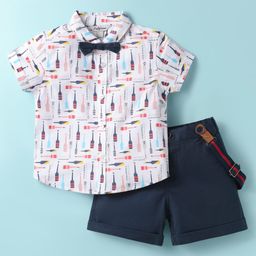 ToffyHouse Cotton Woven Half Sleeves Printed Shirt & Shorts With Bow & Suspender - White & Navy Blue-image-100