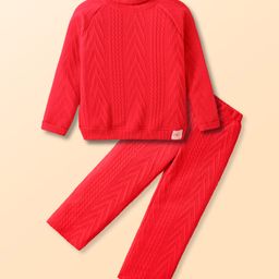 Little Kangaroos Fleece Knit Full Raglan Sleeves Chevron DesignedWinter Wear Sweatshirt with Turtle Neck & Joggers Set - Red-image-38