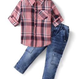 Babyhug Cotton Full Sleeves Checks Shirts & Jeans Set with Pockets - Pink Navy Blue-image-11