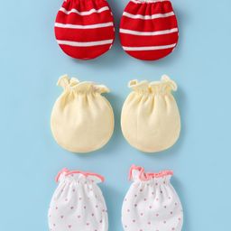 Ben Benny 100% Cotton Knit Mittens With Stripes & Heart Print Pack of 3 - Red Yellow & White-image-9