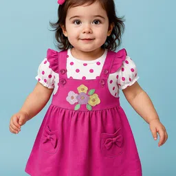 Babyoye 100% Cotton Knit Frock & Half Sleeves Inner Tee With Floral Patch & Polka Dot Print - Dark Pink & White-picture-37