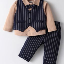 BUMZEE Cotton Woven Full Sleeves Striped 3 Piece Party Suit with Attached Bow - Navy Blue & Beige-image-82