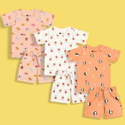 Orange Sugar 100% Cotton Knit Pack Of 3 Half Sleeves Farm & Penguin Printed Coordinating Night Suit Set - Multi Colour-image-81