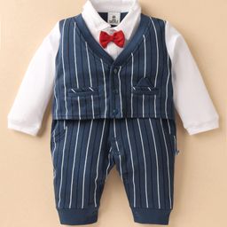Mini Taurus Interlock Knit Full Sleeves Party Rompers With Stripes & Bow - Navy Blue-image-8