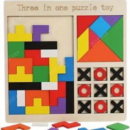 BitFeex 3 in 1 Wooden Puzzles Wooden Children's Educational Colorful Square Tangram Game Chess Xo Tic-Tac-Toe Nine-Square Three-in-One Puzzle Game Building Blocks Early Education Toy-14