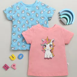 BUMZEE Cotton Pack Of 2 Half Sleeves Baby Unicorns Printed Tees - Blue & Pink-picture-4