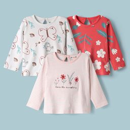 Kookie Kids Single Jersey Knit Full Sleeves T-Shirts With Butterfly & Floral Prints Pack of 3 - Red & Pink-image-69