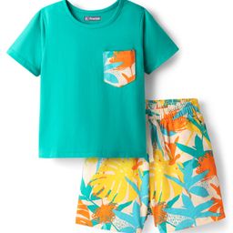 Pine Kids Single Jersey Knit Half Sleeves Shorts Night Suit With Leaf Print - Sea Green-image-29