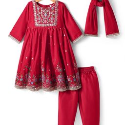 Babyhug Woven Three Fourth Sleeves Floral Embriodered Kurti Salwar & Dupatta Set - Red-image-4