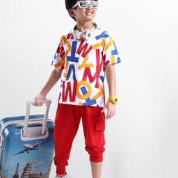 OLLINGTON ST. Cotton Knit Half Sleeves Alphabet Printed T-Shirt & Knit Joggers - White & Red-image-69