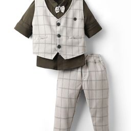 Mini Taurus Sinker Knit Full Sleeves Checks 3 Piece Party Suit With Bow Applique - Olive Green-image-26