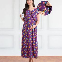Bella Mama Cotton Knit Concealed Zipper Half Sleeves Nurisng Knit Nighty With Floral Print - Purple-picture-26