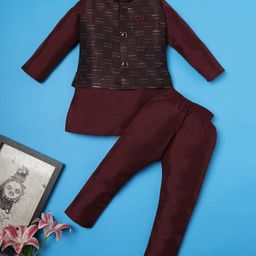 Ridokidz Full Sleeves Solid Kurta & Pyjama With Abstract Embroidered Jacket Set - Wine-image-50