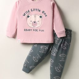 CUCUMBER Sinker Knit Full Sleeves Night Suit with Bear Print - Pink-picture-2