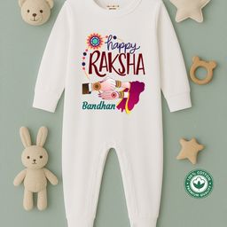 BLUSHES 100% Cotton Knit Raksha Bandhan Theme Full Sleeves Happy Raksha Bandhan Text Printed Romper - White-image-34
