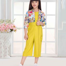 TINY BABY Woven Solid Jumpsuit With Three Fourth Sleeves Floral Printed Jacket & Belt - Yellow-image-55