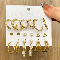 Celestique Set Of 9 Pearls Beaded Korean Contemporary Half Hoop Earrings-15