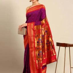 Varkala Silk Sarees Purple & Red Woven Saree With Unstitched Blouse-picture-30