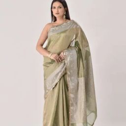 Sutra Attire Olive Green Ranisa Edit Banarasi Handwoven Tissue Saree with Unstitched Blouse Piece-picture-32