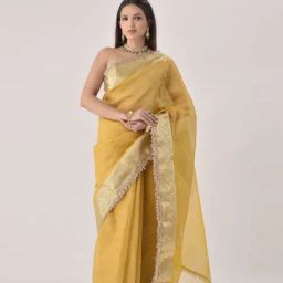 Sutra Attire Saffron Yellow Ranisa Edit Banarasi Crinkled Tissue Saree with Unstitched Blouse Piece-picture-22
