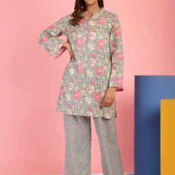 Secret Wish Green Cotton Printed Tunic & Pyjamas Set-picture-3
