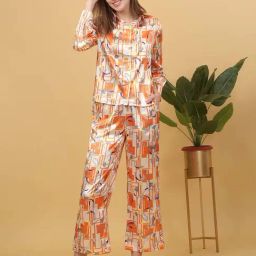 Sweet Dreams Beige & Orange Printed Shirt Pyjama Set-picture-15
