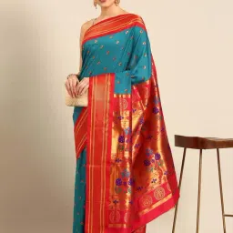 Varkala Silk Sarees Turquoise & Red Woven Saree With Unstitched Blouse-image-92
