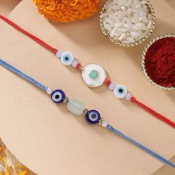 Karatcart Set of 2 Light Blue Evil Eye Handmade Kundan Rakhi for Brother with Roli & Chawal-25