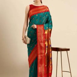 Varkala Silk Sarees Rama Green & Red Woven Saree With Unstitched Blouse-image-59