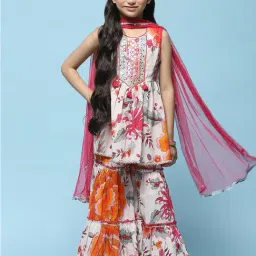BIBA Girls White & Pink Printed Kurta, Sharara with Dupatta-image-38