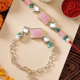 Karatcart Pink Carved Stone Green Crystal Handmade Kundan Bhaiya Bhabhi Rakhi with Roli & Chawal-22