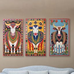 Nestroots Collection of Sacred Indian Cow Stretch Canvas Frame Wall Painting - Set of 3-26