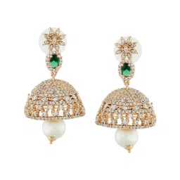 Estele Rose Gold-Plated CZ Design Jaliwala Pearl & Emerald Crystals Jhumki Earrings image 2