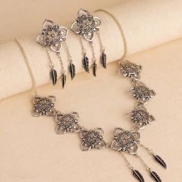 Voylla Silver Boho Tribe Flora Oxidised Necklace & Earring Set-picture-15