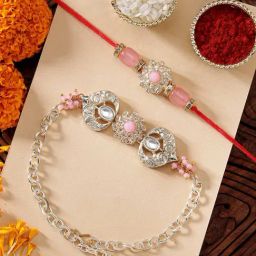 Karatcart Pink Stone Hearl Shape Handmade Kundan Bhaiya Bhabhi Rakhi with Roli & Chawal-26