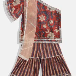READIPRINT FASHIONS Kids Red & Pink Floral Print Kurta, Sharara With Dupatta-13