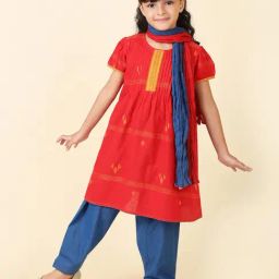 Fabindia Kids Red & Blue Printed Kurta, Salwar with Dupatta-image-47