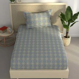 BIANCA Estonia Blue & Green Cotton 116 TC 115 GSM Single Size Bedsheet With Pillow Cover-image-87