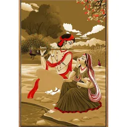 999Store Multicolor Canvas Lord Krishna Playing Flute With Mirabai Painting Floating Frame image 2