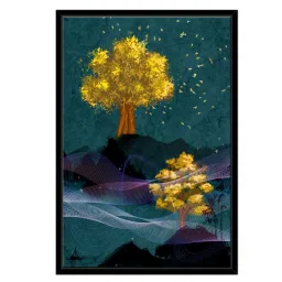 999Store Multicolor Canvas Golden Tree Flying Birds With Abstract Line Canvas Painting image 2