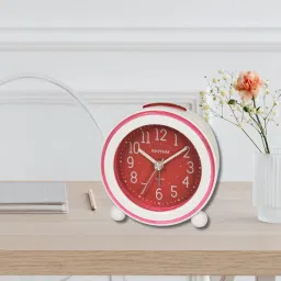 RHYTHM Red & White Plastic Round Beep Alarm Sound with LED Flash Light Table Clock image 2