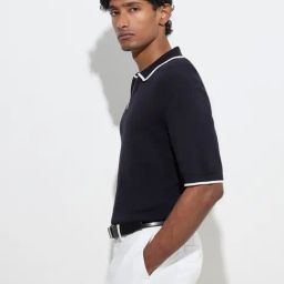 Ascot by Westside Navy Knitted Relaxed-Fit Cotton-Blend Polo T-Shirt-image-67
