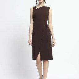 MADAME Brown Plain Shift Dress-image-35