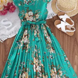 Bolly Lounge Girls Green Cotton Blend Frill Sleeve Floral Print Dress-picture-10
