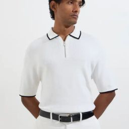 Ascot by Westside White Knitted Relaxed-Fit Cotton-Blend Polo T-Shirt-image-22