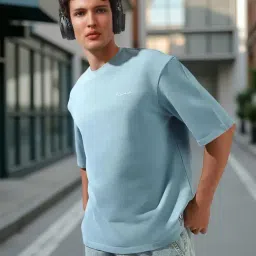 Hubberholme Blue Cotton Oversized Plain T-Shirt-image-84
