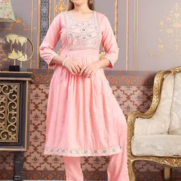 Aarika Girls Ethnic Motifs Embroidered Pleated Sequinned Pure Cotton Kurta with Trousers-picture-23