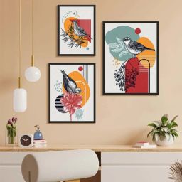 999Store Multicolor Canvas Abstract Bird Illustrations Wall Painting - Set of 3 image 1