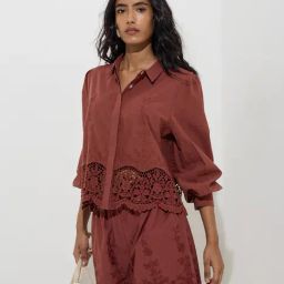 LOV by Westside Dark Brown Floral Lace Detailed Cotton Shirt-image-49