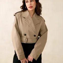 VIRGIO Beige Cotton Solid Long Sleeves Jacket-picture-37